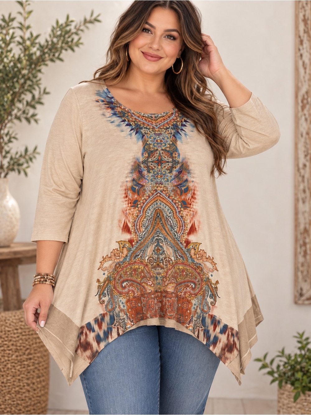Boho Medallion Faux Suede Handkerchief Hem Tunic Top 1X 3/4 Sleeve One World 1X